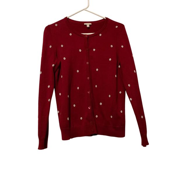 Talbots Red Knit Cardigan w metallic silver polka dots SMALL - Picture 1 of 4
